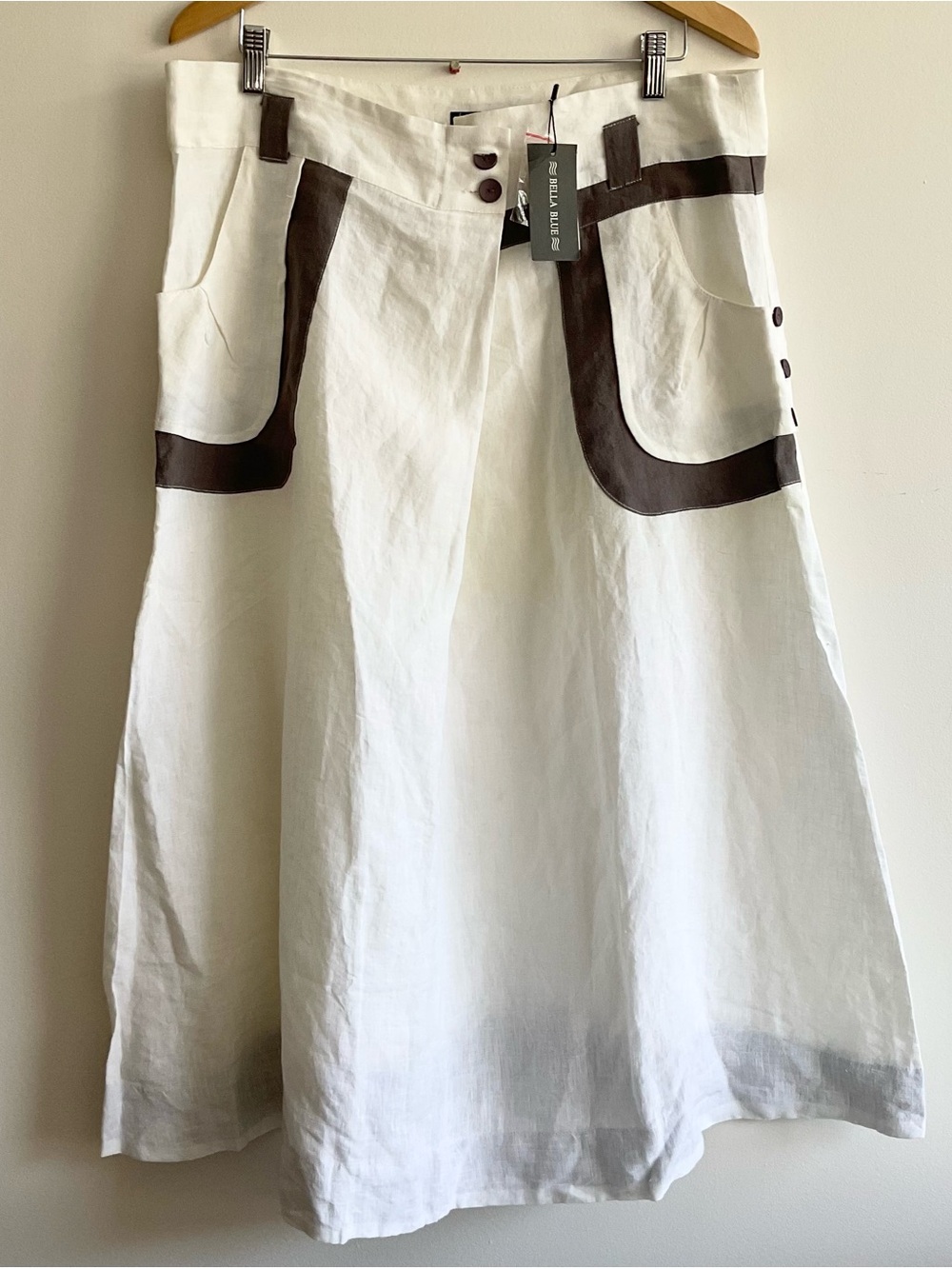 NWT Bella Blue | 100% Linen A-Line Midi Skirt White w/ Gray Trim | XL